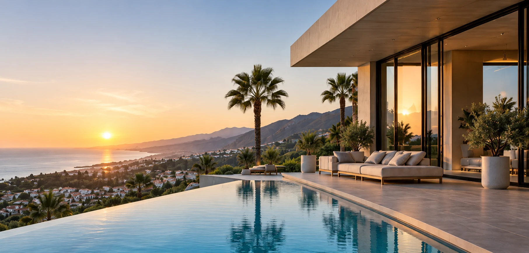 Contemporary Marbella villa and infinity pool overlooking the Mediterranean at sunset