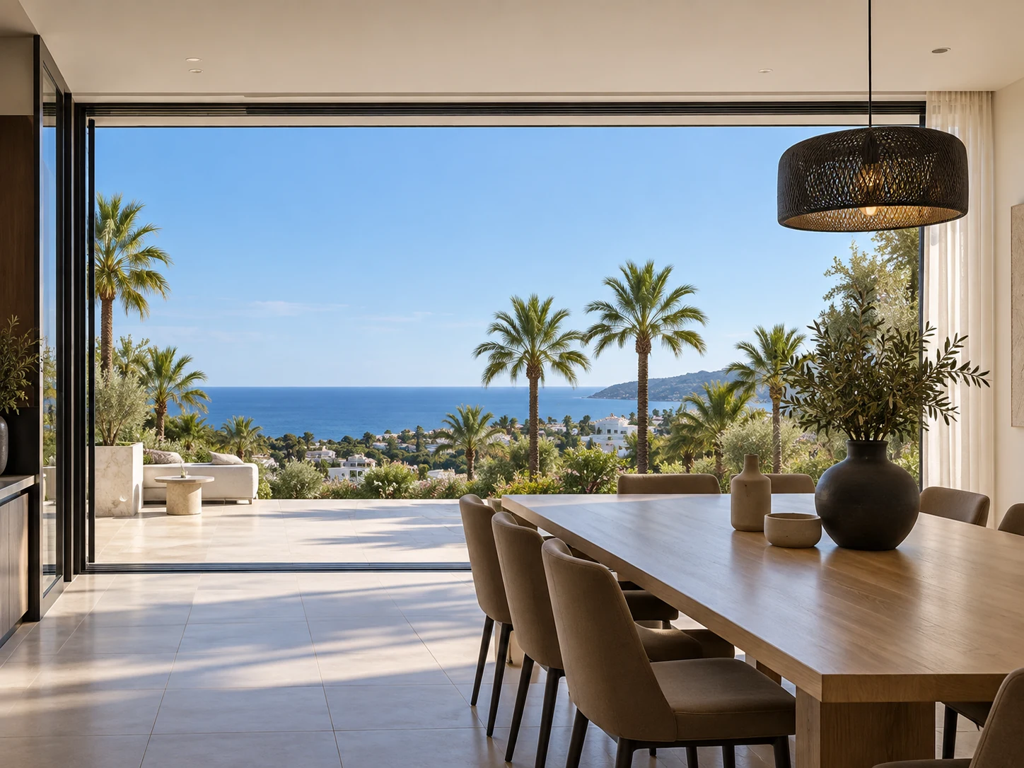 Warm minimalist dining room opening onto a palm-lined Mediterranean terrace